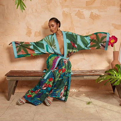New Style Japanese Traditional Kimono Gown With Obi Popular Print Flower Pajamas Women Silk Large Size Bathrobe Yukata Dress