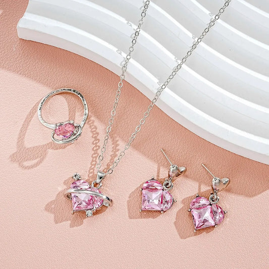 4 Pieces Love Pink Diamond Sweet Earrings Necklaces And Rings Jewelry Set Lightweight And Versatile For Women Mother's Day Gifts