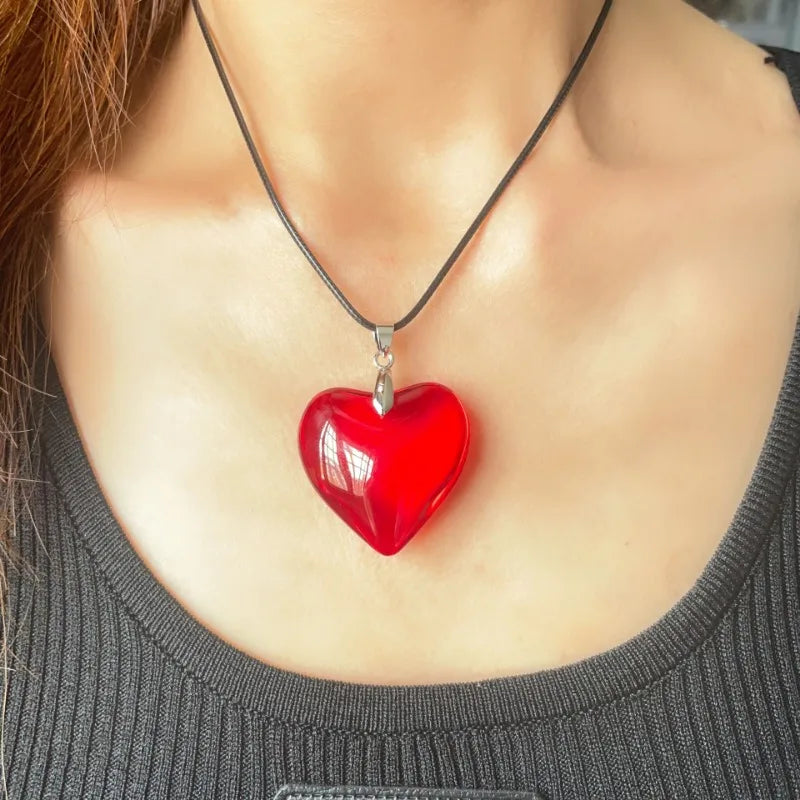 Y2k Love Heart Necklace for Women Fashion Hip Hop Red Hearts Pink Pendants Necklaces Rope Chain Girls Rave Gift Gothic Jewelry