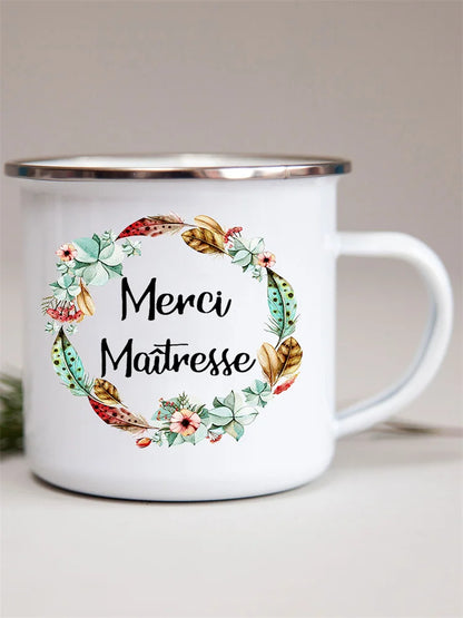 French Flower Printed Enamel Mugs Creative Coffee Mug Milk Wine Beer Drink Juice Cup School Home Handle Drinkware Teacher Gifts