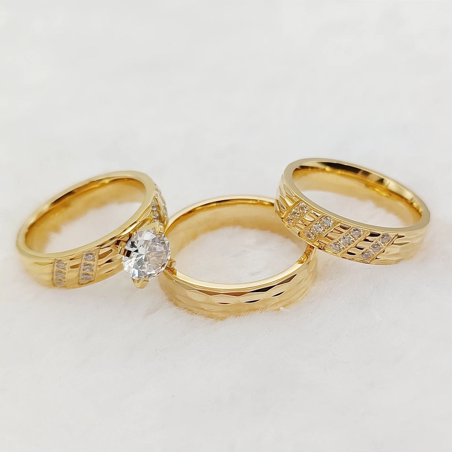 Wedding Rings Sets For Men And Women 3pcs Unique Designer Hammered 24k Gold Plated Jewelry cz Diamond Couples Engagement Ring