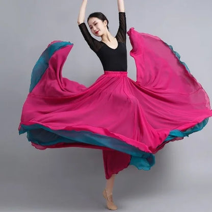 Flamenco Chiffon Dance Skirt for Women 720 Degrees Solid Color Long Skirts Dancer Practice Wear Chinese Style Skirt with Big Hem