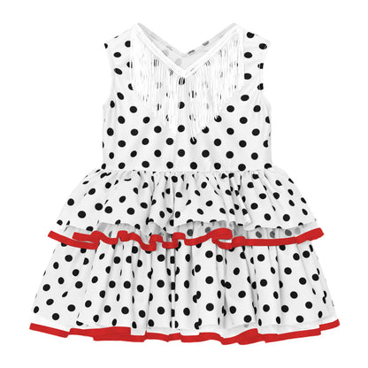 Baby Girls Cute Flamenco Dance Costume V-neck Sleeveless Tassel Polka Dot Mesh Layered Cake Dress for Dance Party Performance