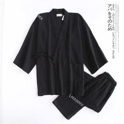 Japanese Style Kimono Cardigan Pants 2pcs Set Men's Nightwear Bathrobe Cotton Comfortable Home Suit Robe Sleepwear Daily Casual