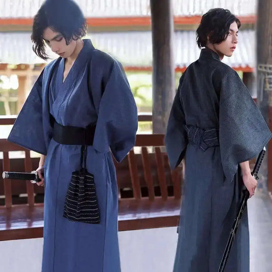Traditional Japanese KIMONO Fashion YUKATA Summer Men Long Robes With Belt 95% Cotton Pajamas Set Male Sleepwear Bathrobe