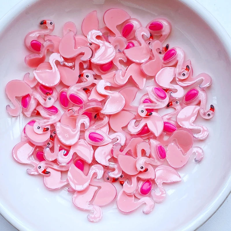 50Pcs New Cute Mini 10*13mm Cartoon Animal Flamingo Resin Figurine Crafts Flatback Ornament Jewelry Making Hairwear Accessories