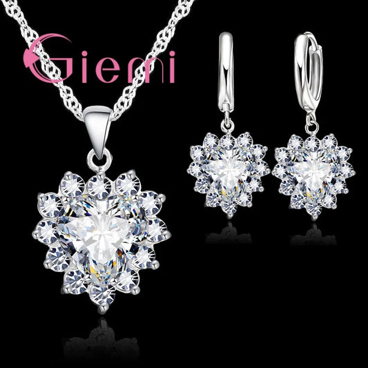 True Love 925 Sterling Silver Jewelry Sets For Wedding Women Cubic Zirconia Pendant Necklace Earrings Set Valentine's Gift