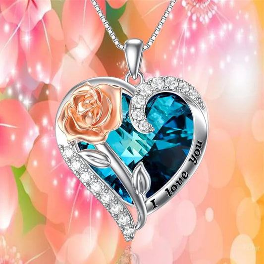 Fashion "I Love You" Rose Flower Pendant Necklace Ladies Heart Crystal Jewelry Anniversary Birthday Gift Mom Wife Girlfriend