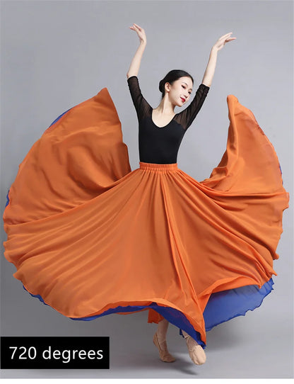 Flamenco Chiffon Dance Skirt for Women 720 Degrees Solid Color Long Skirts Dancer Practice Wear Chinese Style Skirt with Big Hem