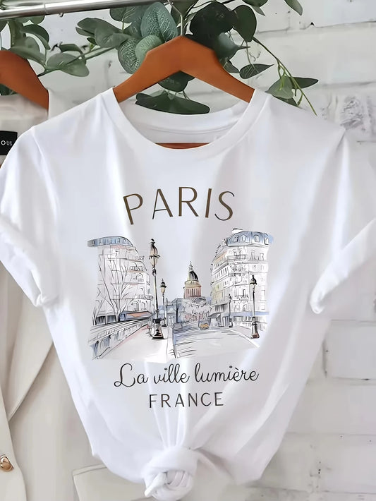 Paris Print T-shirt, Short Sleeve Crew Neck Casual Top for Summer & Spring, Women's Clothing Graphic T Shirts  Y2k Top