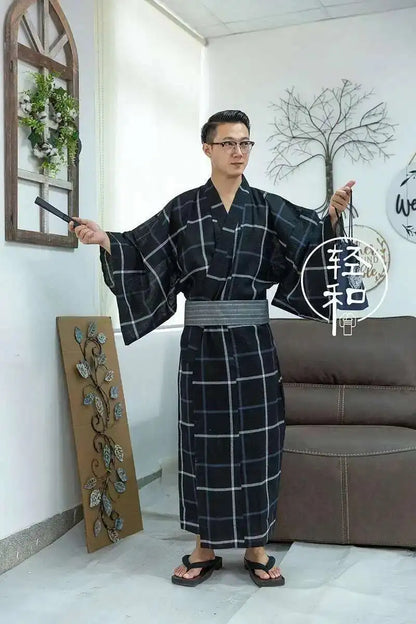 Traditional Japanese KIMONO Fashion YUKATA Summer Men Long Robes With Belt 95% Cotton Pajamas Set Male Sleepwear Bathrobe