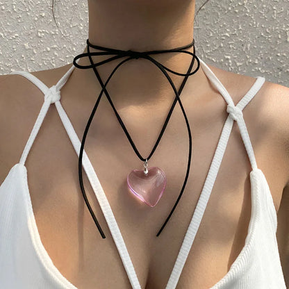 Y2k Love Heart Necklace for Women Fashion Hip Hop Red Hearts Pink Pendants Necklaces Rope Chain Girls Rave Gift Gothic Jewelry