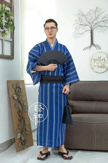 Traditional Japanese KIMONO Fashion YUKATA Summer Men Long Robes With Belt 95% Cotton Pajamas Set Male Sleepwear Bathrobe