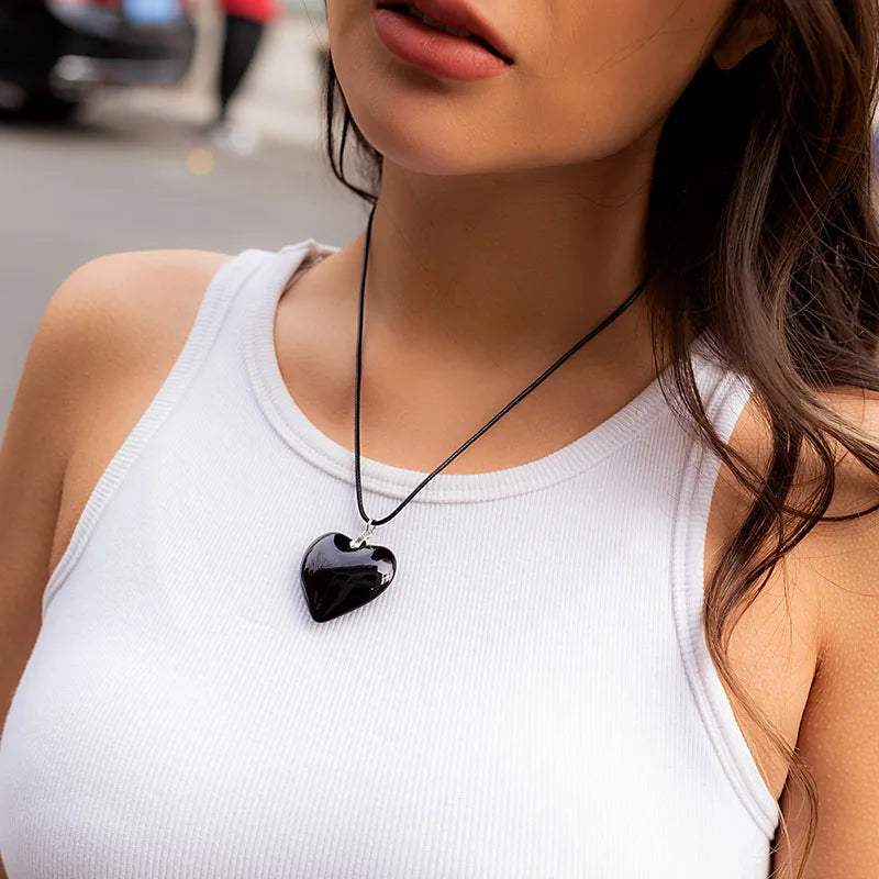 Y2k Love Heart Necklace for Women Fashion Hip Hop Red Hearts Pink Pendants Necklaces Rope Chain Girls Rave Gift Gothic Jewelry