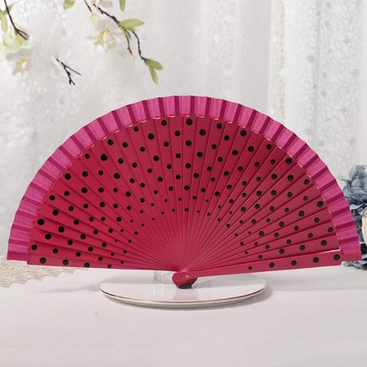 Flamenco Spanish Wood Folding Fan Dots Pattern Modern Classical Vintage Wood Hand Fan for Dance Perfornamnces Party