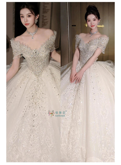 High End Quality Princess Dresses Ball Gown Crystal Heavy Beading 2025 Luxury Bridal Wedding Off Shoulder Main Wedding Dress