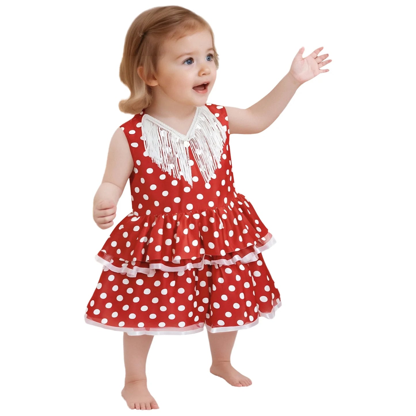 Baby Girls Cute Flamenco Dance Costume V-neck Sleeveless Tassel Polka Dot Mesh Layered Cake Dress for Dance Party Performance