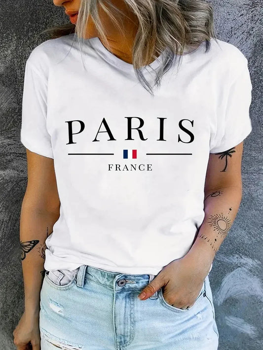 Plus Size PARIS Print T-shirt Short Sleeve Crew Neck Casual Top For Summer & Spring Women's Clothing