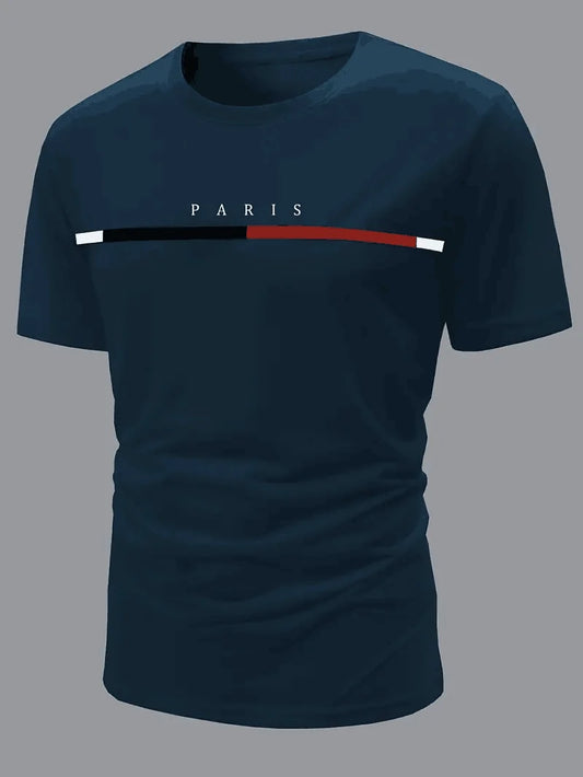 Paris Theme Pattern Print Men's Comfortable Cotton T-shirt, Pattern T-shirt Men's Summer Wear, Men's Clothing