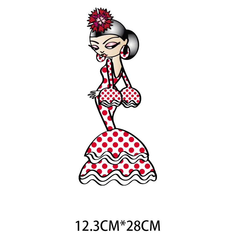 2Pcs/Lot Flamenco Dance Heat Thermal Transfer Fusible Stickers Iron On Thermoadhesive Patches For Clothes Ironing Accessories