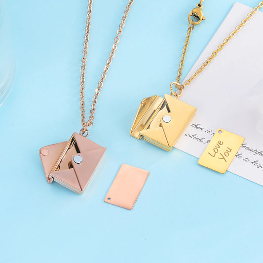 Envelope Love Letter Necklace for Women Stainless Steel Love You Gift Message Engraved Jewelry Pendant Couples and Family