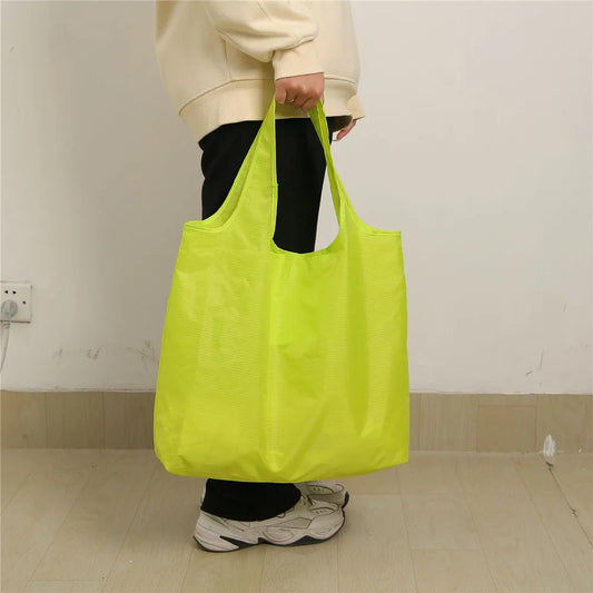 Eco-Friendly Folding Shopping Bag Waterproof Reusable Shoulder Handbag for Travel Grocery Fashion Pocket Tote Solid Color Bag