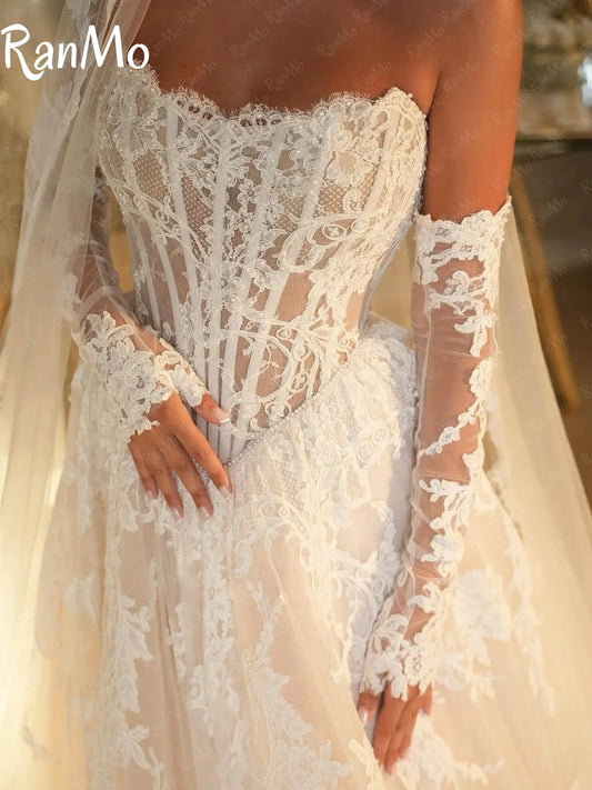 Ranmo 2025 Exquisite A-line Wedding Dress luxury Strapless Bridal Gown Lace Sleeveless Customized Vestidos De Novia Sweep Train