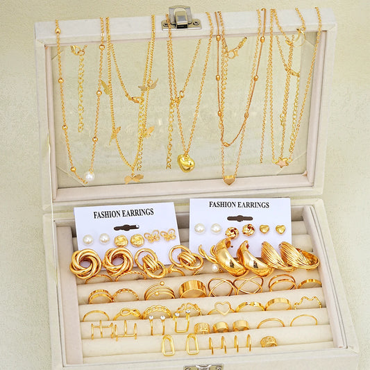 62-Piece Chic Jewelry Set for Women - Includes Earrings, Rings & Necklaces with Heart, Butterfly, Geometric Designs Jewelry Gift
