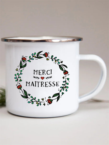 French Flower Printed Enamel Mugs Creative Coffee Mug Milk Wine Beer Drink Juice Cup School Home Handle Drinkware Teacher Gifts