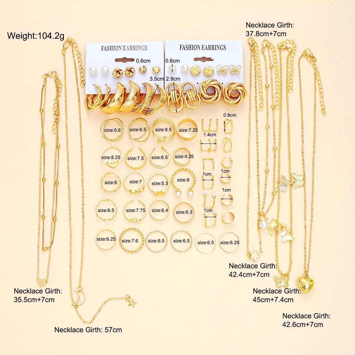 62-Piece Chic Jewelry Set for Women - Includes Earrings, Rings & Necklaces with Heart, Butterfly, Geometric Designs Jewelry Gift
