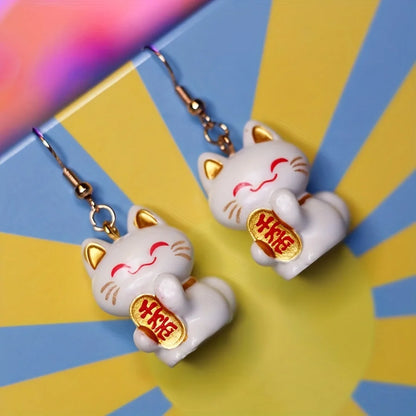 Kawaii Lucky Cat Hook Earrings - Lucky Resin Charm Jewelry, Cute Maneki Neko Earrings for Girls, Gift for Best Friend