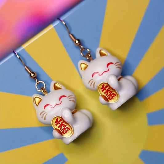 Kawaii Lucky Cat Hook Earrings - Lucky Resin Charm Jewelry, Cute Maneki Neko Earrings for Girls, Gift for Best Friend