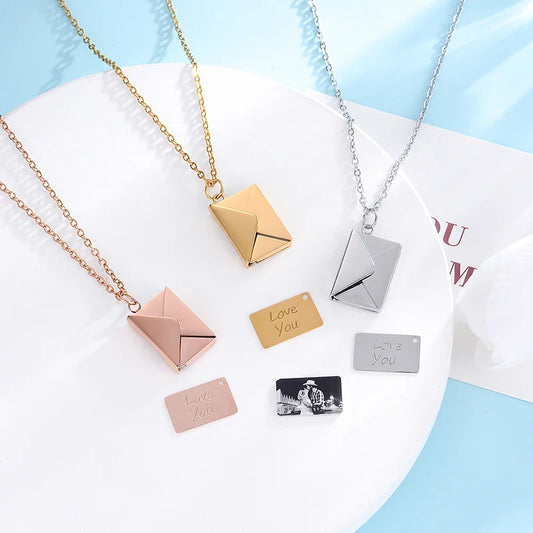 Envelope Love Letter Necklace for Women Stainless Steel Love You Gift Message Engraved Jewelry Pendant Couples and Family