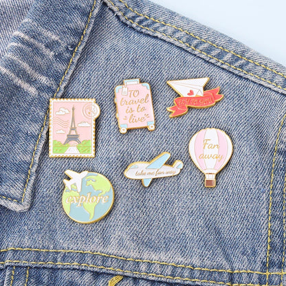Traveling Quote Enamel Pin World Eiffel Tower Suitcase Brooches Clothes Badge Lapel Jewelry Gifts For Traveling Friend Wholesale