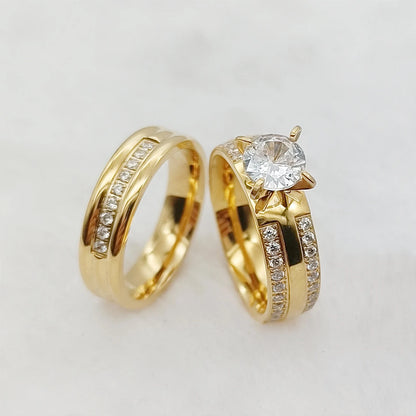 24k Gold Filled 316L Stainless Steel Jewelry Cz Diamond Wedding Rings Sets for Women Girls Ladies Engagement Statement Gifts
