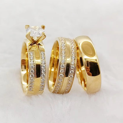 Wedding Rings Sets For Men And Women 3pcs Unique Designer Hammered 24k Gold Plated Jewelry cz Diamond Couples Engagement Ring