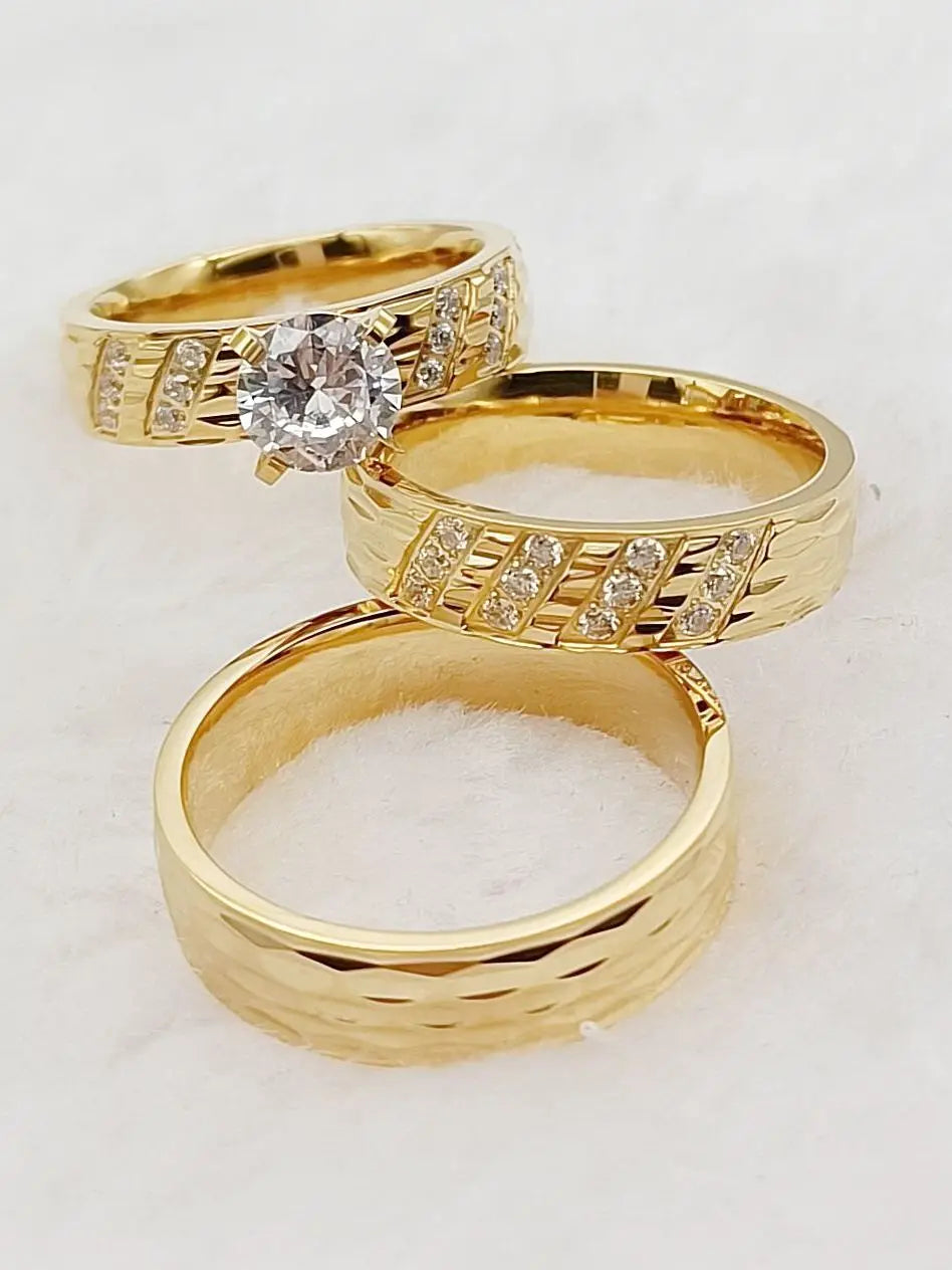 Wedding Rings Sets For Men And Women 3pcs Unique Designer Hammered 24k Gold Plated Jewelry cz Diamond Couples Engagement Ring