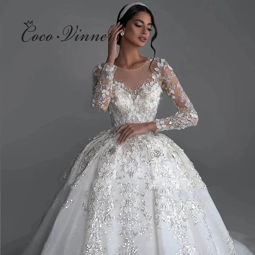 Customized Full Sleeves Luxury Wedding Dress 2025 New Beaded Lace Appliques Plus Size Bespoke Wedding Dress For Brides W1255