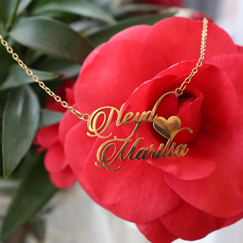 Custom Two Names Necklace with Heart Stainless Steel Couple Choker Personalized Jewelry Mother's Day Gift Women's Necklace Gift
