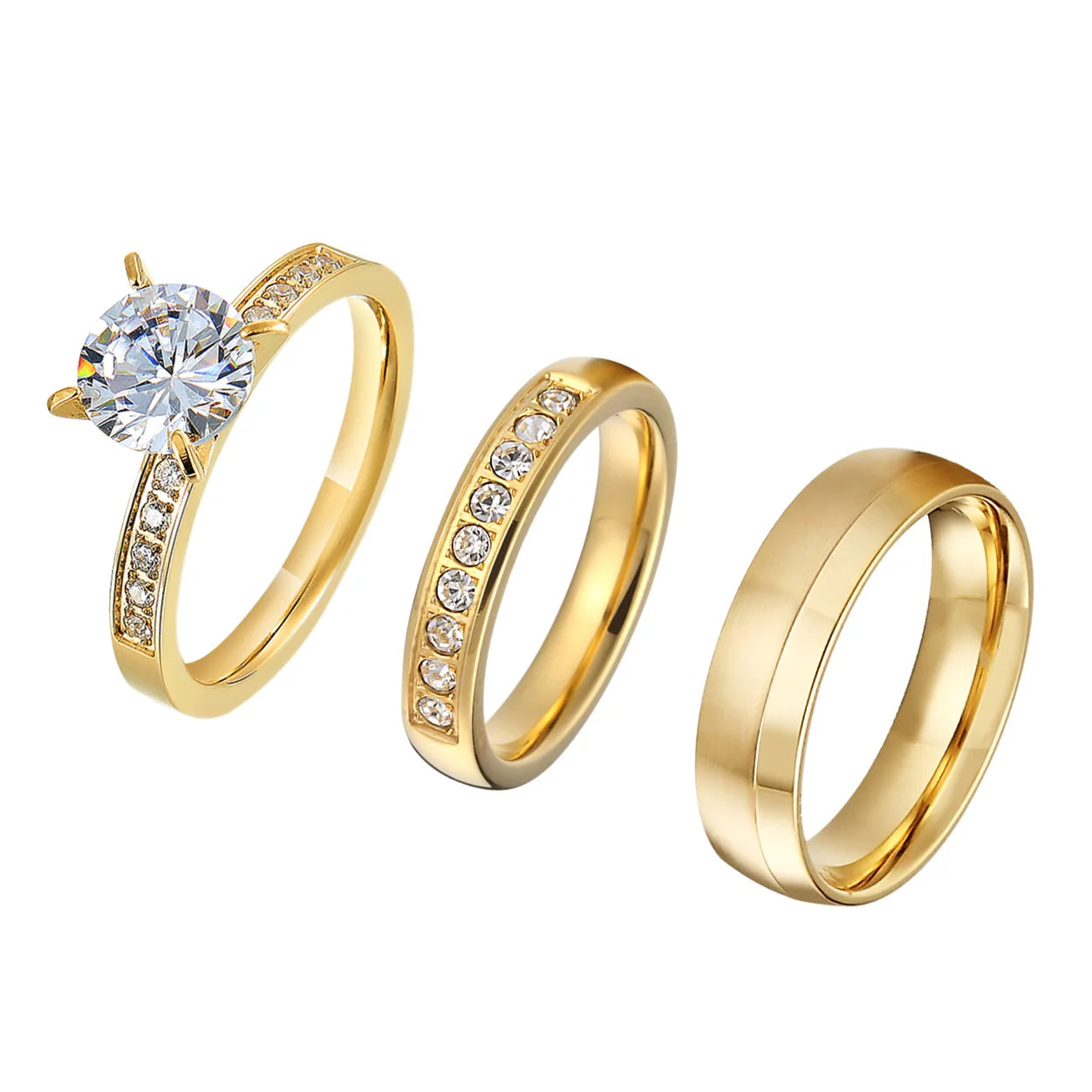 Wedding Rings Sets For Men And Women 3pcs Unique Designer Hammered 24k Gold Plated Jewelry cz Diamond Couples Engagement Ring