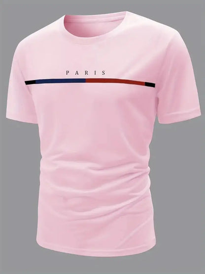 Paris Theme Pattern Print Men's Comfortable Cotton T-shirt, Pattern T-shirt Men's Summer Wear, Men's Clothing