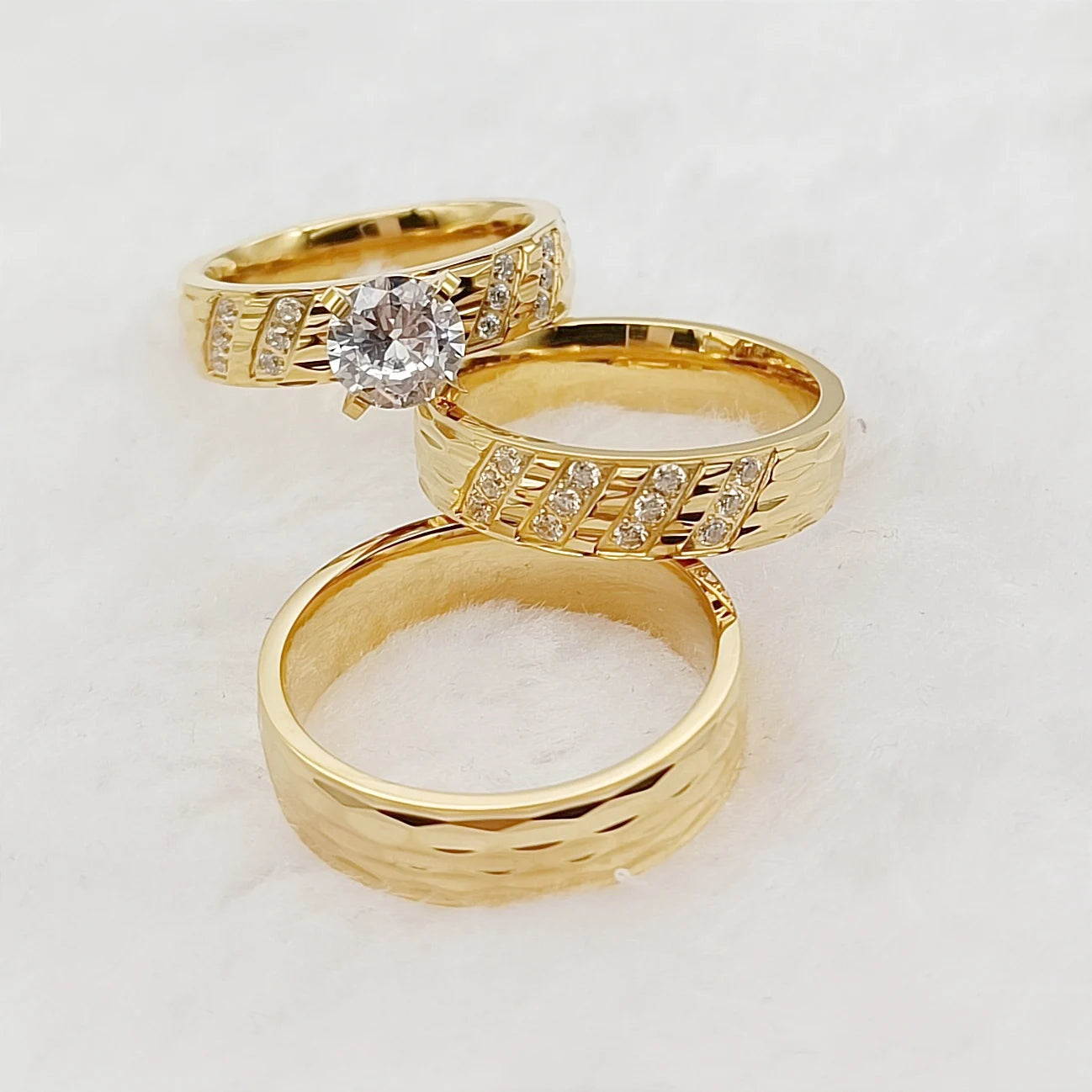 Wedding Rings Sets For Men And Women 3pcs Unique Designer Hammered 24k Gold Plated Jewelry cz Diamond Couples Engagement Ring