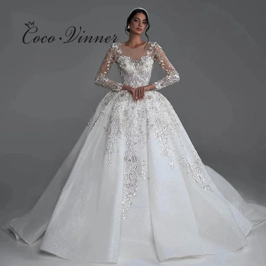 Customized Full Sleeves Luxury Wedding Dress 2025 New Beaded Lace Appliques Plus Size Bespoke Wedding Dress For Brides W1255