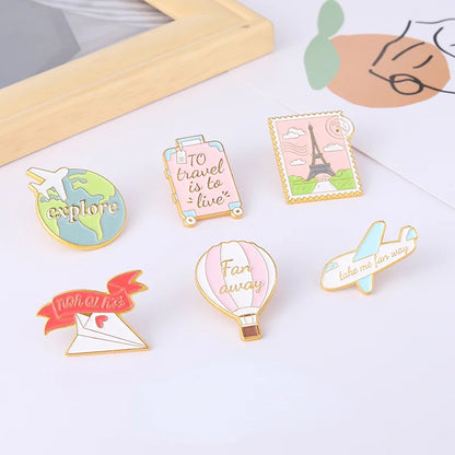 Traveling Quote Enamel Pin World Eiffel Tower Suitcase Brooches Clothes Badge Lapel Jewelry Gifts For Traveling Friend Wholesale