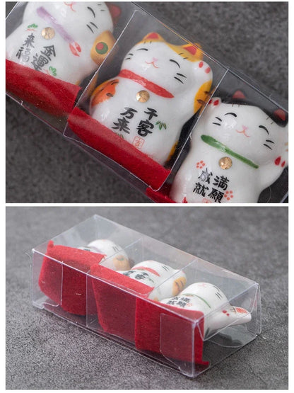 Pack of 3 Pieces Mini Ceramic Lucky Fortune Cat, Desktop Car Decoration Figurines Cute Kitten Maneki Neko Ornament 1.3 Inch Tall