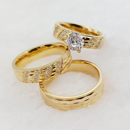 Wedding Rings Sets For Men And Women 3pcs Unique Designer Hammered 24k Gold Plated Jewelry cz Diamond Couples Engagement Ring