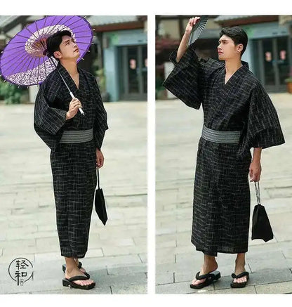 Traditional Japanese KIMONO Fashion YUKATA Summer Men Long Robes With Belt 95% Cotton Pajamas Set Male Sleepwear Bathrobe