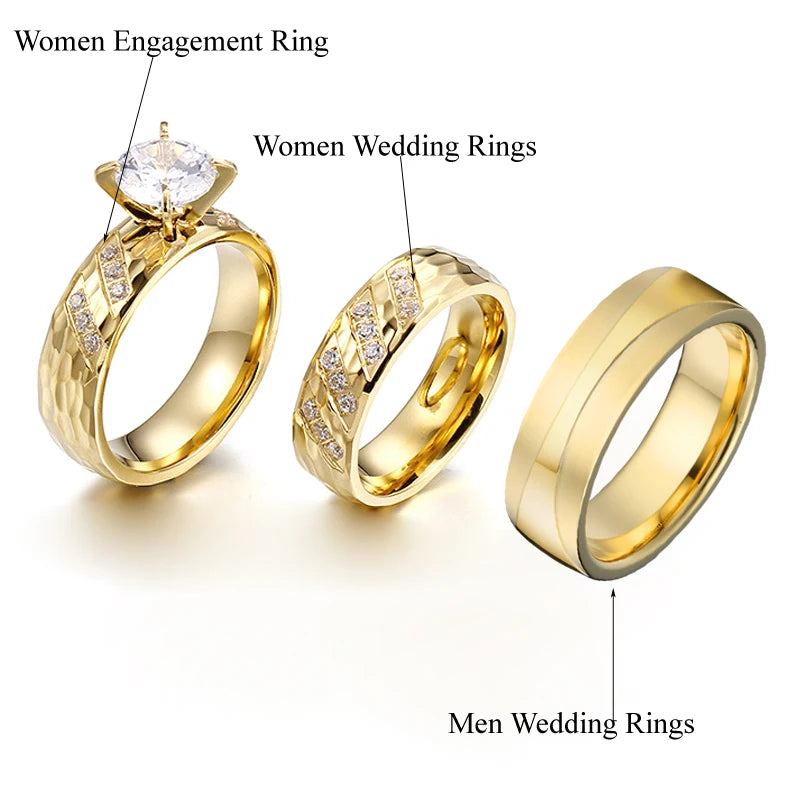 Wedding Rings Sets For Men And Women 3pcs Unique Designer Hammered 24k Gold Plated Jewelry cz Diamond Couples Engagement Ring