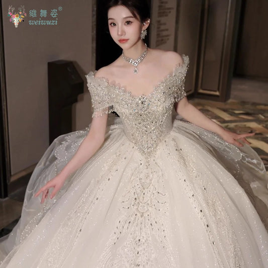 High End Quality Princess Dresses Ball Gown Crystal Heavy Beading 2025 Luxury Bridal Wedding Off Shoulder Main Wedding Dress
