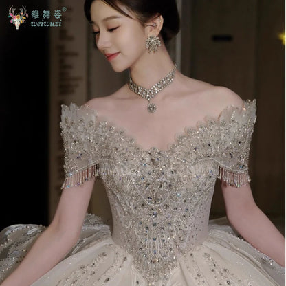 High End Quality Princess Dresses Ball Gown Crystal Heavy Beading 2025 Luxury Bridal Wedding Off Shoulder Main Wedding Dress